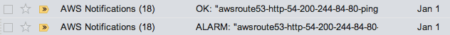 Screenshot of two gmail conversations showing 18 ALARM and OK
notifications