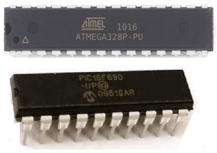 Image of microcontrollers bearing Amtel and Microchip logos