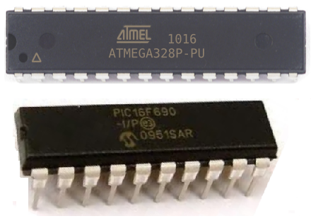Image of microcontrollers bearing Amtel and Microchip logos