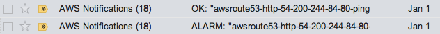 Screenshot of two gmail conversations showing 18 ALARM and OK
notifications